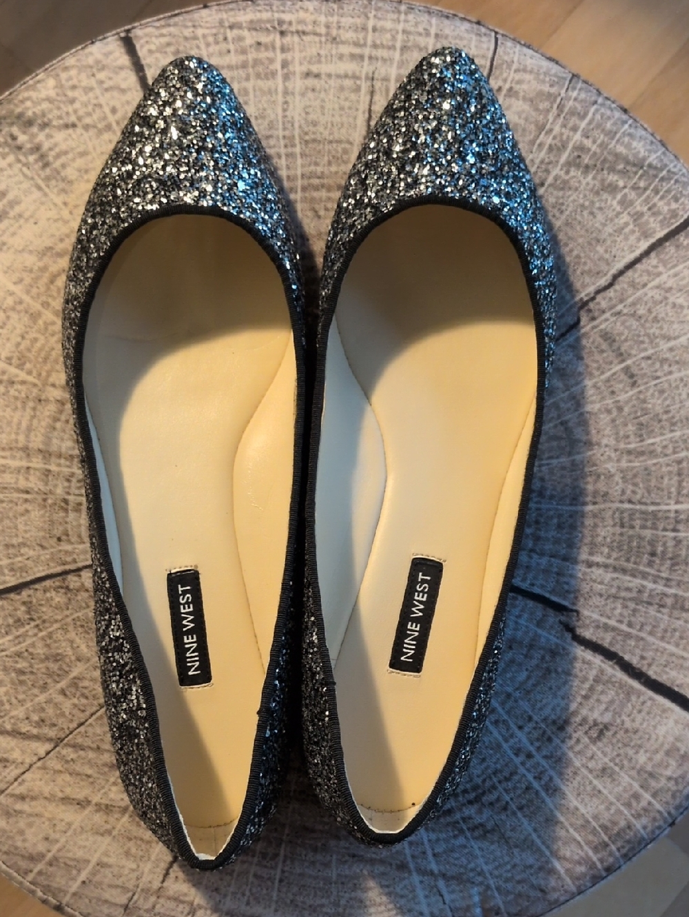 NEW In Box Nine West Black Pewter Glitter Pointed Flats 10M - SpeakUpp3 Flat